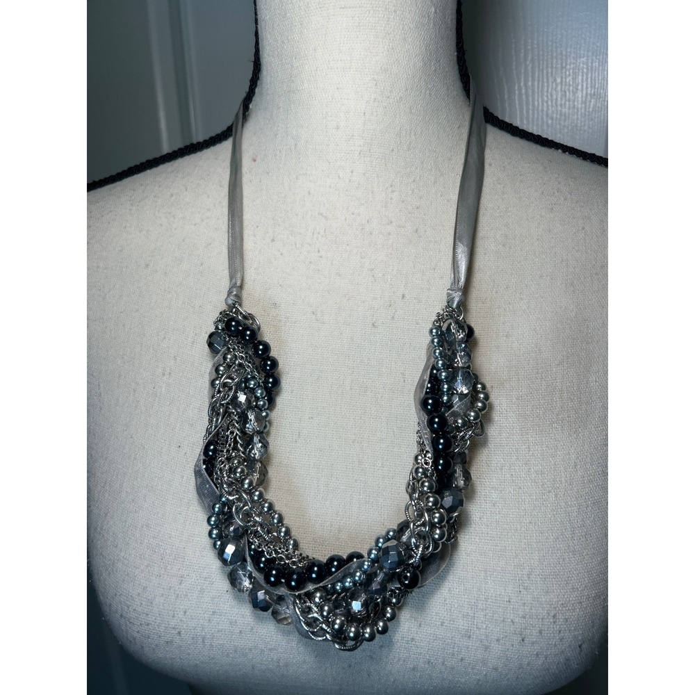 Statement Bib Necklace Faux Pearl Silver Black‎ Ribbon Tie Chunky Multi-Strand